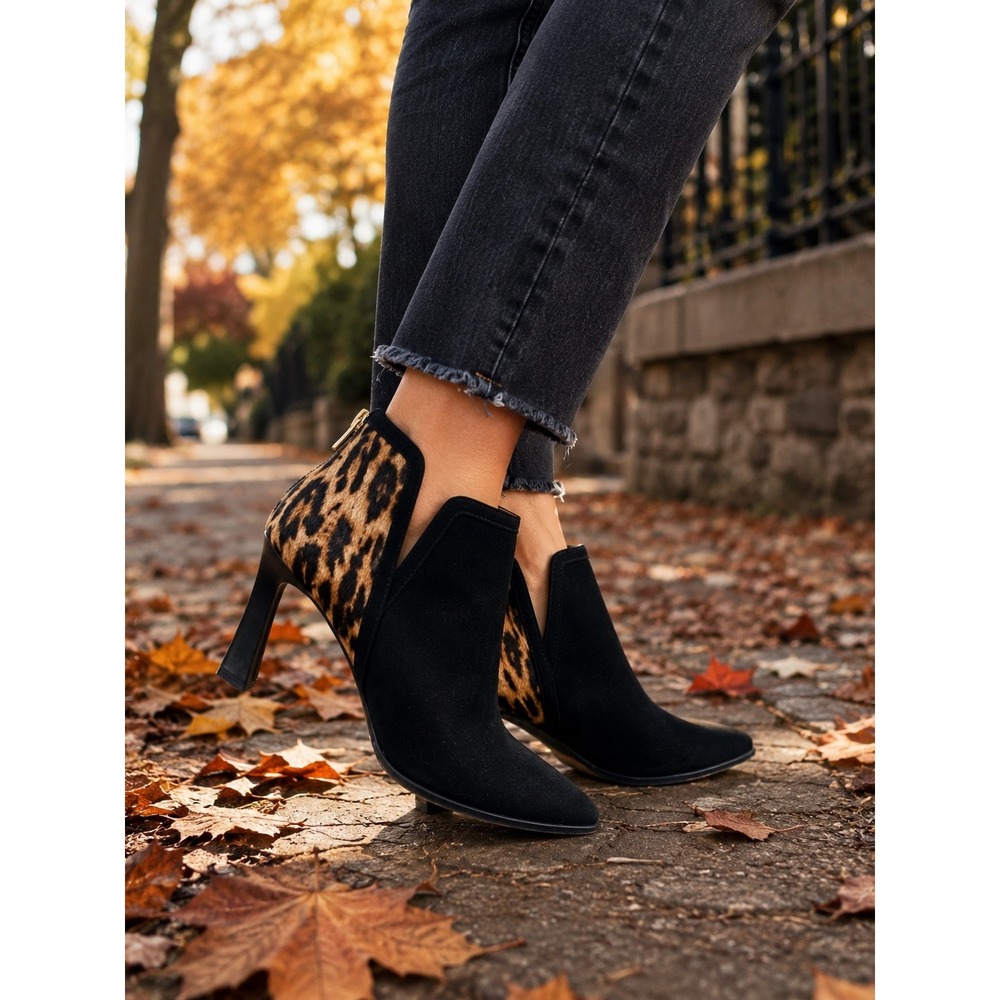 Vince Camuto Pentila Black Suede Leopard Calf Hair Pointed Toe Ankle Booties 9M